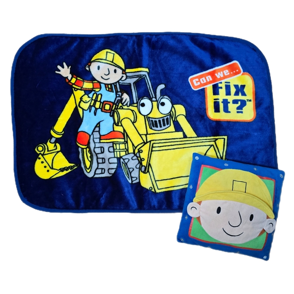 Vtg Bob the Builder Toddler Blanket + 3D Pillow Set - Scoop Can We Fix It EUC